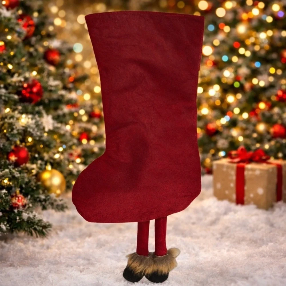 Handmade Christmas Stocking Farmhouse Snowman Plaid & Fur Felt & Canvas